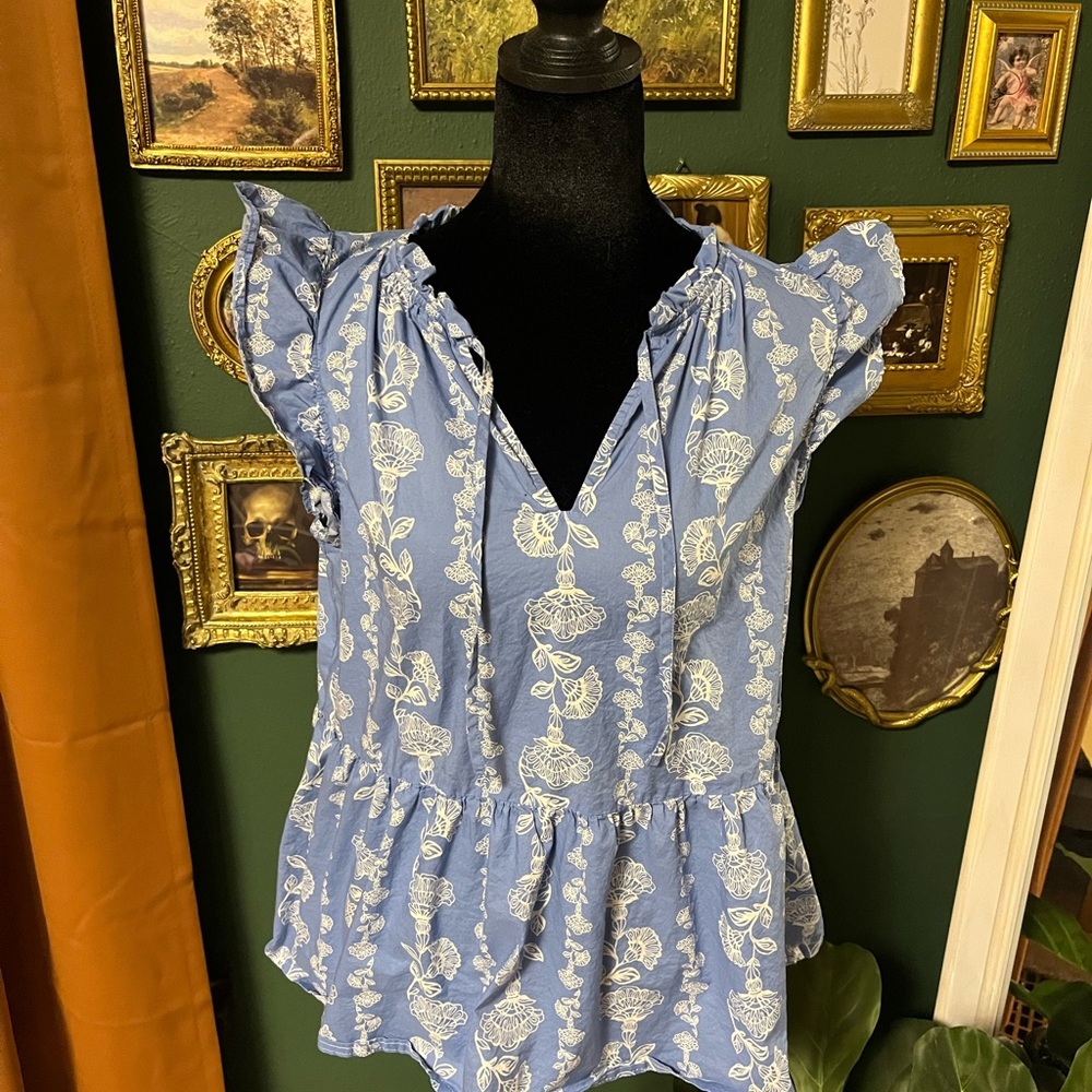 Light Blue Floral Ruffle Sleeve Peplum Blouse